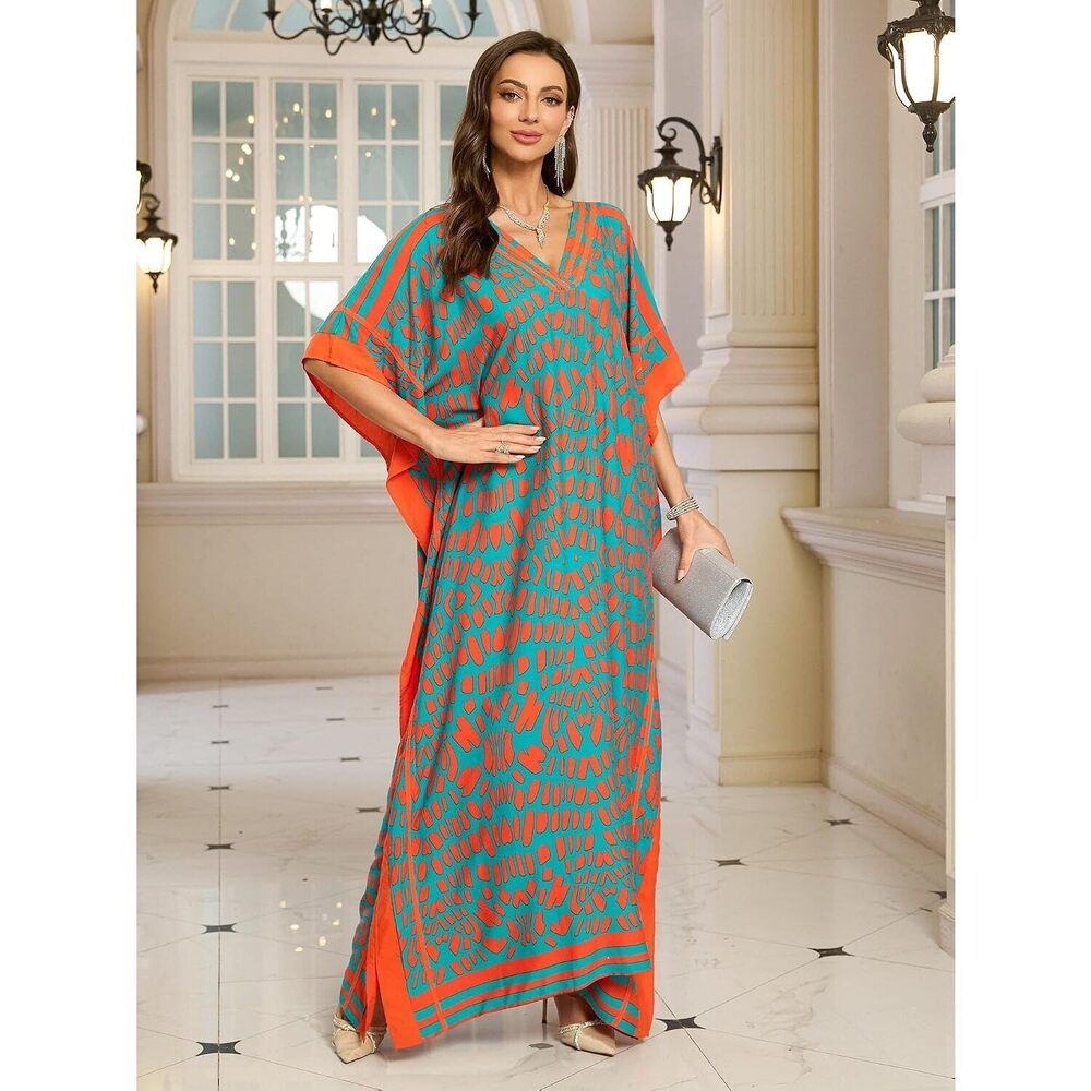 Kaftan Dresses for Women V Neck Batwing Sleeve Plus Size Caftans Swimwear - Picture 2 of 7